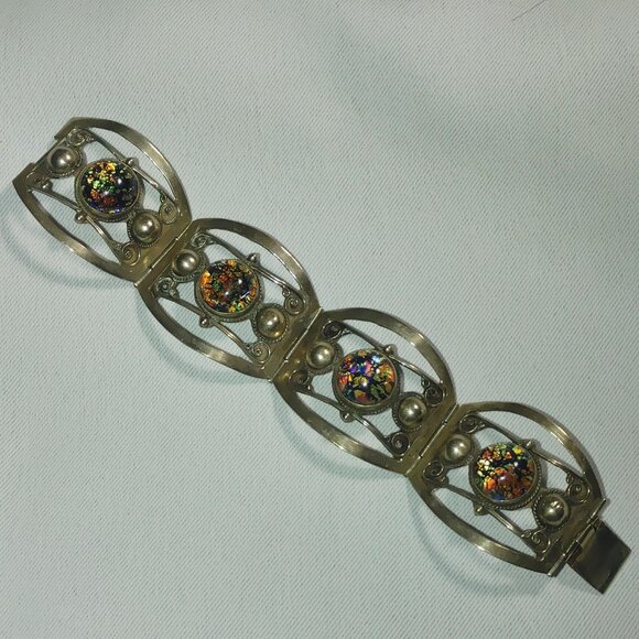 Iridescent Mexican Sterling Silver Bracelet Vintage Art Deco Style Hinge Panels - Picture 10 of 10